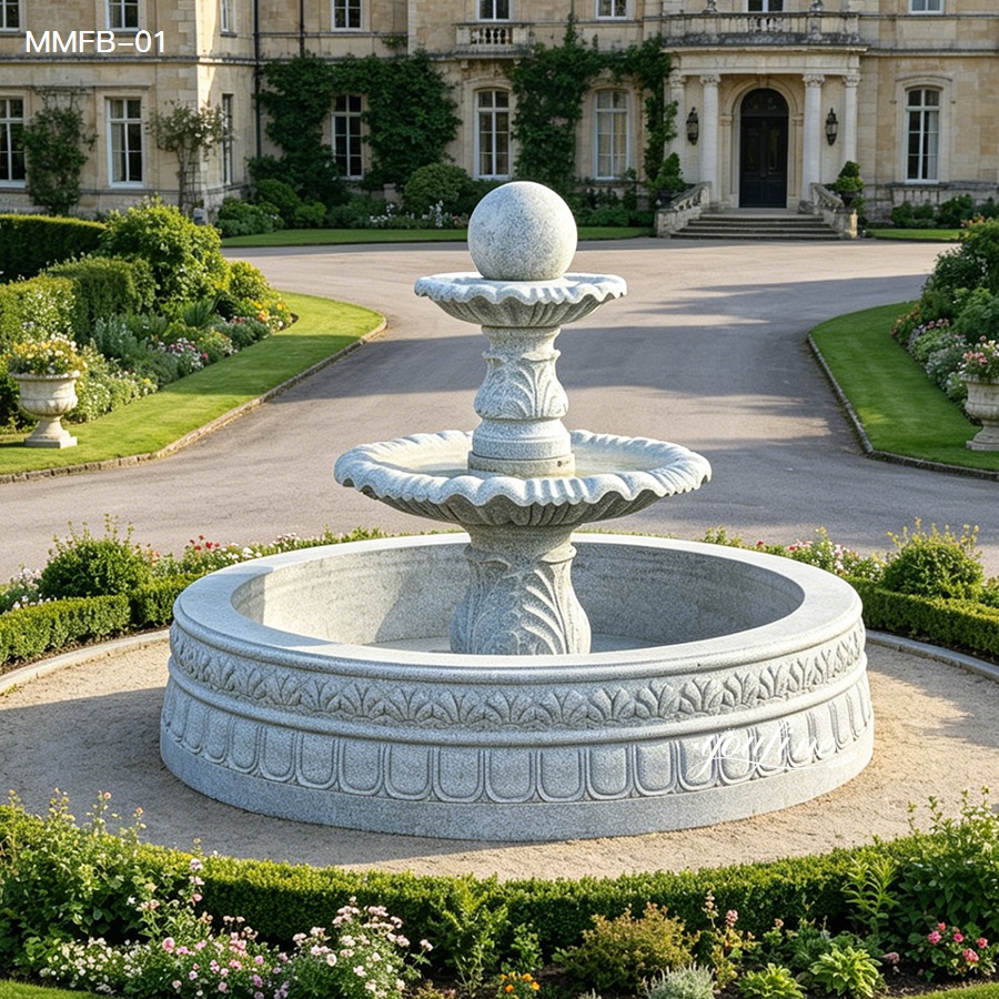 Full garden view of a sesame gray granite rolling ball fountain with a rotating top sphere.