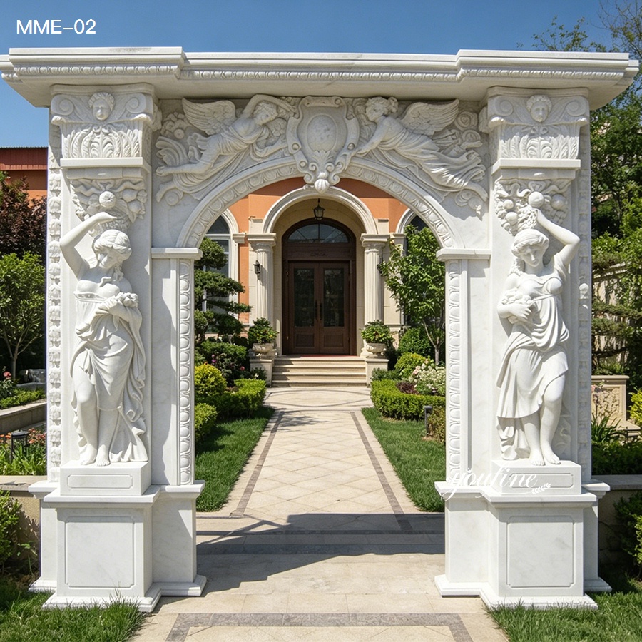 Full view of hand-carved Italian marble door frame in residential garden, white marble with classical statues