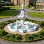 Wide landscape view of a grand marble lion water fountain outdoor in a formal garden layout.