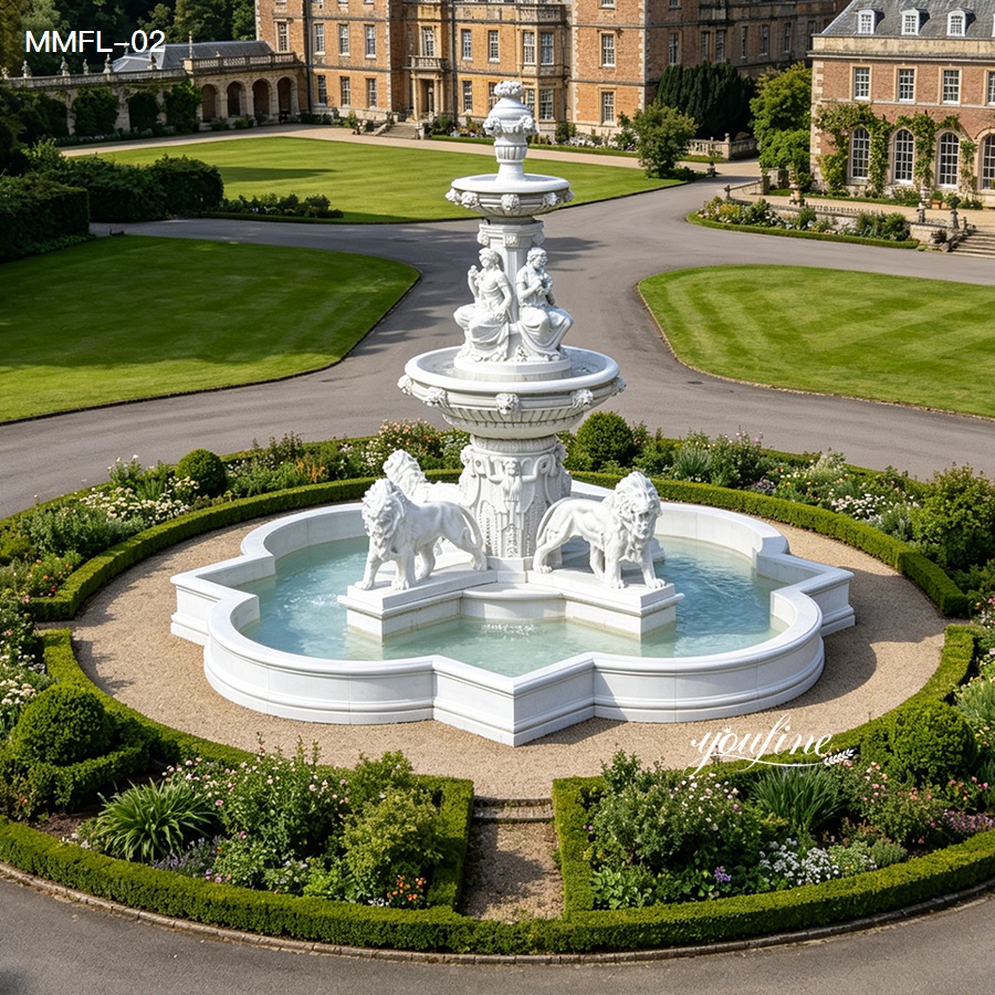 Wide landscape view of a grand marble lion water fountain outdoor in a formal garden layout.