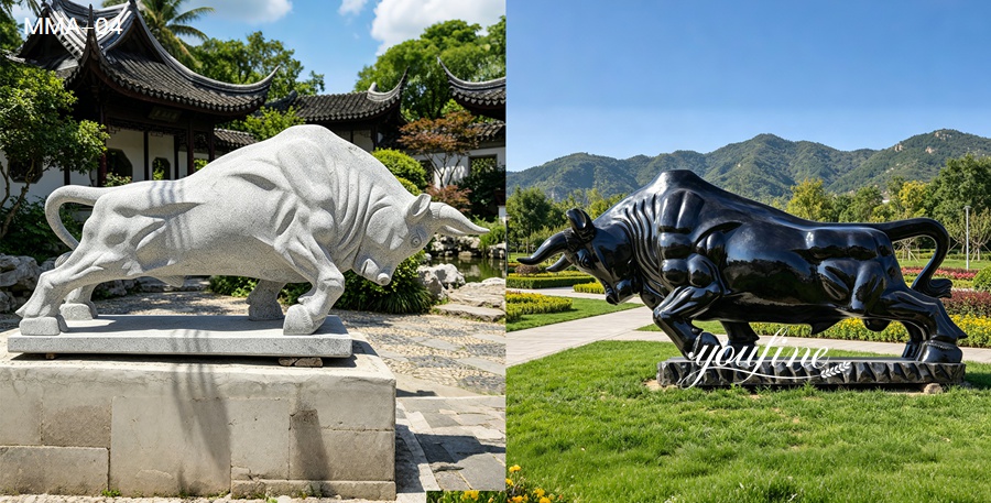 Gray granite and black marble bull statues displayed together outdoors