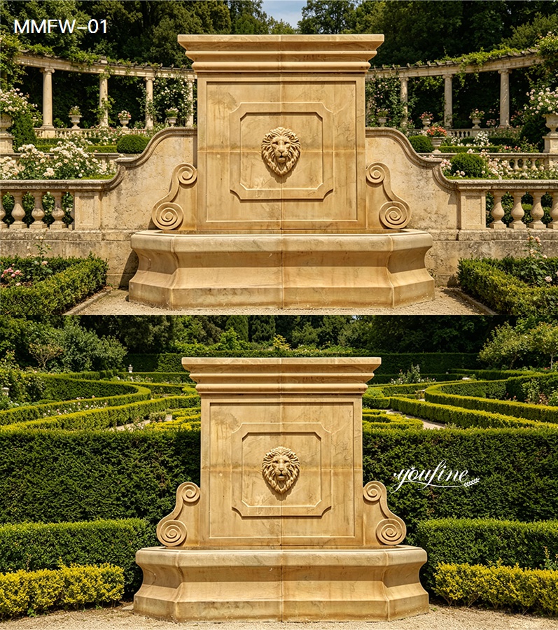 Two sizes of the handcrafted marble wall fountain displayed in a formal garden setting