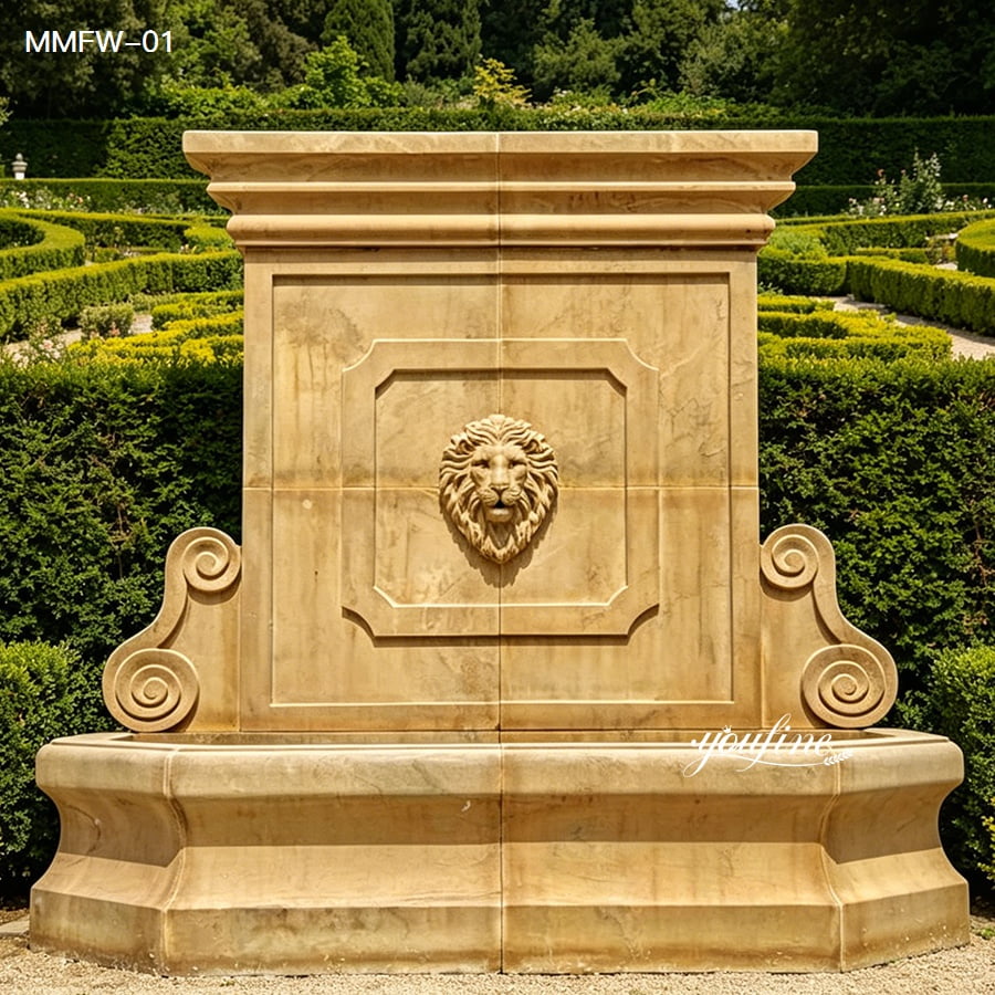 Handmade beige marble wall fountain in a structured garden with stone balustrades