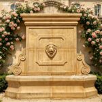 Hand-carved stone wall fountain with scroll details in front of climbing roses