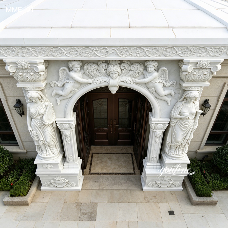 White marble door frame with angel carvings and lady statues, classical European style villa entrance