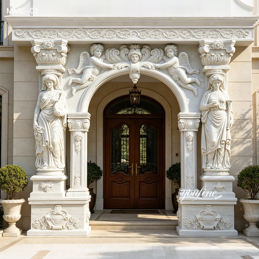 Ornate white marble door frame with lady statues and angel reliefs for hotel and villa