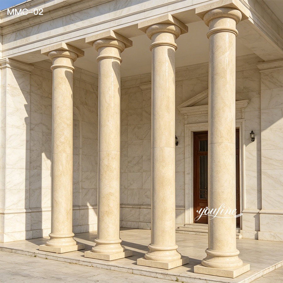 High quality marble pillars for sale, evenly spaced tapered columns forming a grand portico entrance for a building