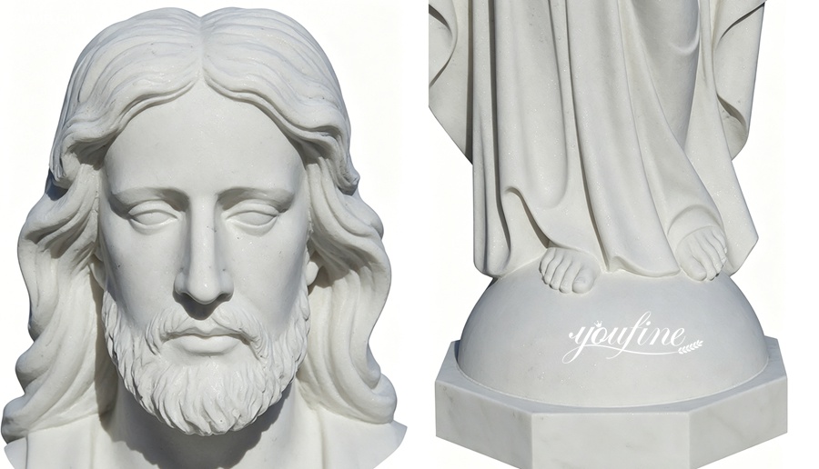 Close-up of hand-carved marble Jesus Christ statue face and base, Sacred Heart design details