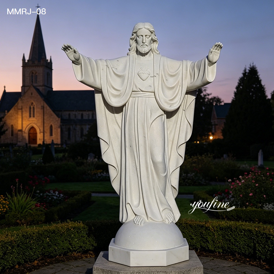 White marble Jesus Christ statue with open arms, church garden religious sculpture