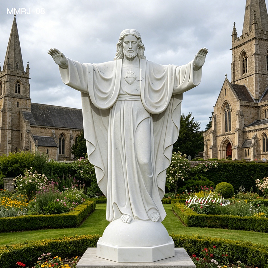 Hand-carved marble Jesus Christ statue with Sacred Heart, outdoor religious decor