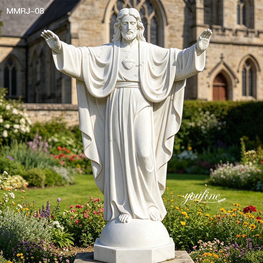 Handcrafted marble Jesus Christ statue with Sacred Heart, colorful garden religious decor