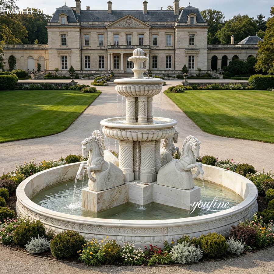 Large white marble fountain with horses, featuring 3-tier bowls and horse statues for villas.