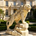 Egyptian beige marble tiger sculpture in front of luxury mansion garden