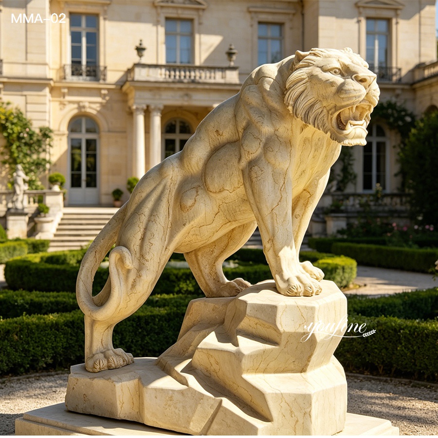 Egyptian beige marble tiger sculpture in front of luxury mansion garden