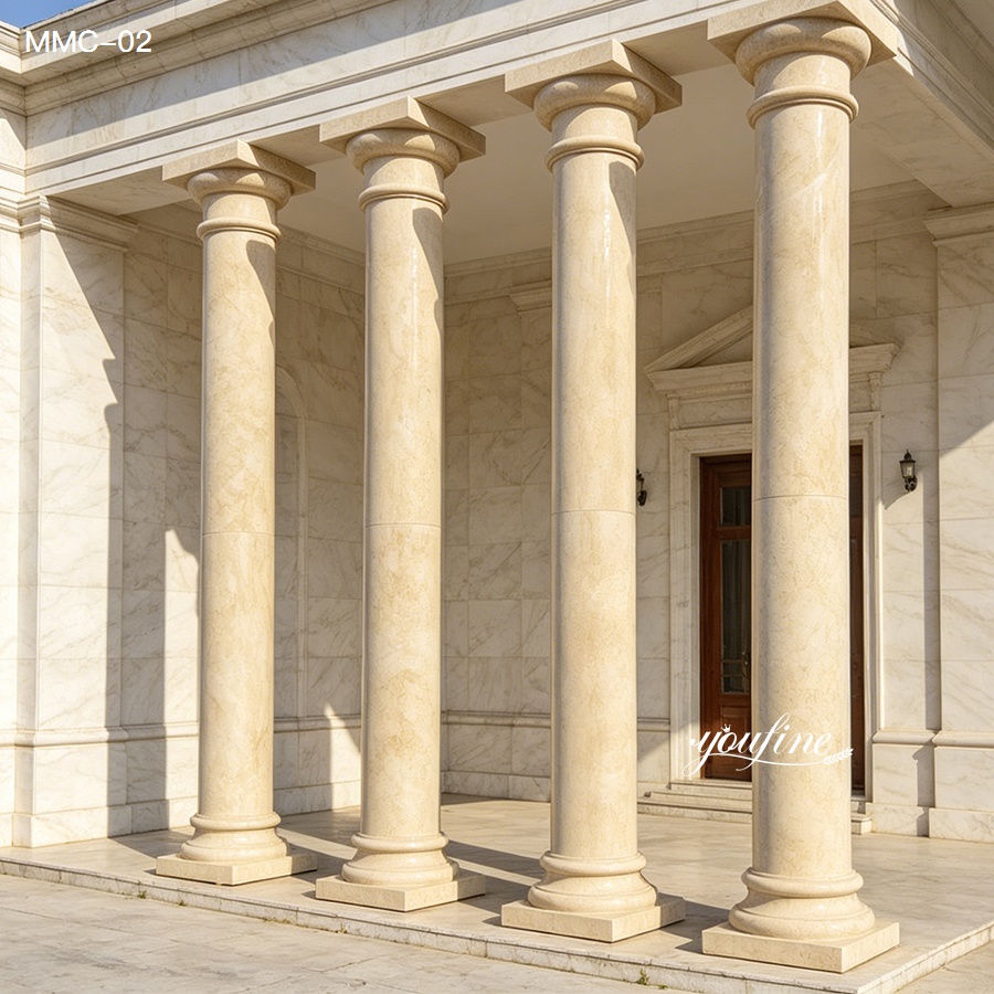 Light beige marble pillars for sale, smooth tapered columns providing support and elegance to a classical-style building