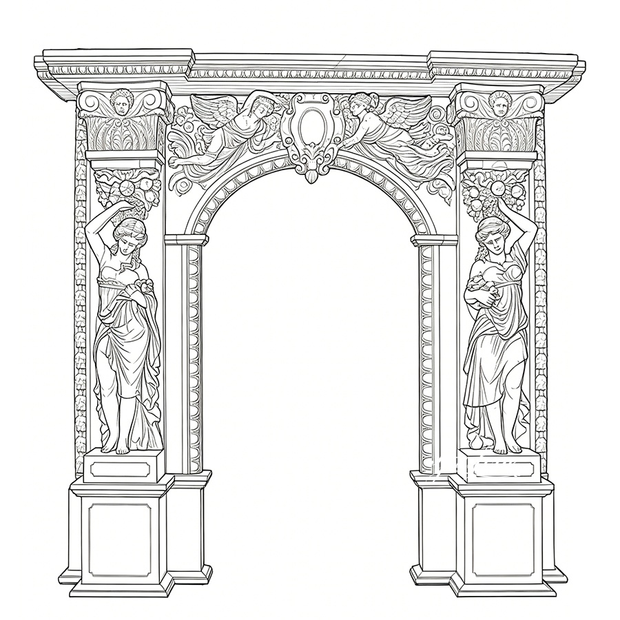 Line art sketch of Italian marble door frame, showing caryatid columns and arched top
