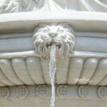 Close-up of lion head water outlet on the basin of a marble outdoor fountain.