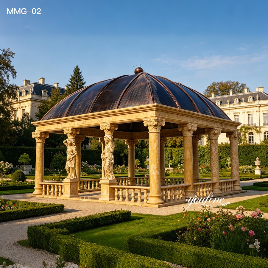 luxury marble gazebo with classical columns in landscaped garden