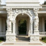 Hand carved white marble door frame with angel sculptures, European style architectural doorway