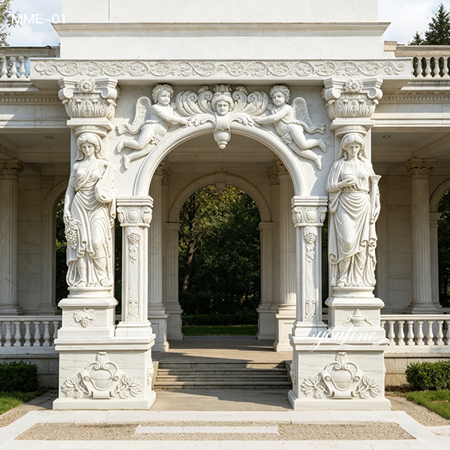 Hand carved white marble door frame with angel sculptures, European style architectural doorway