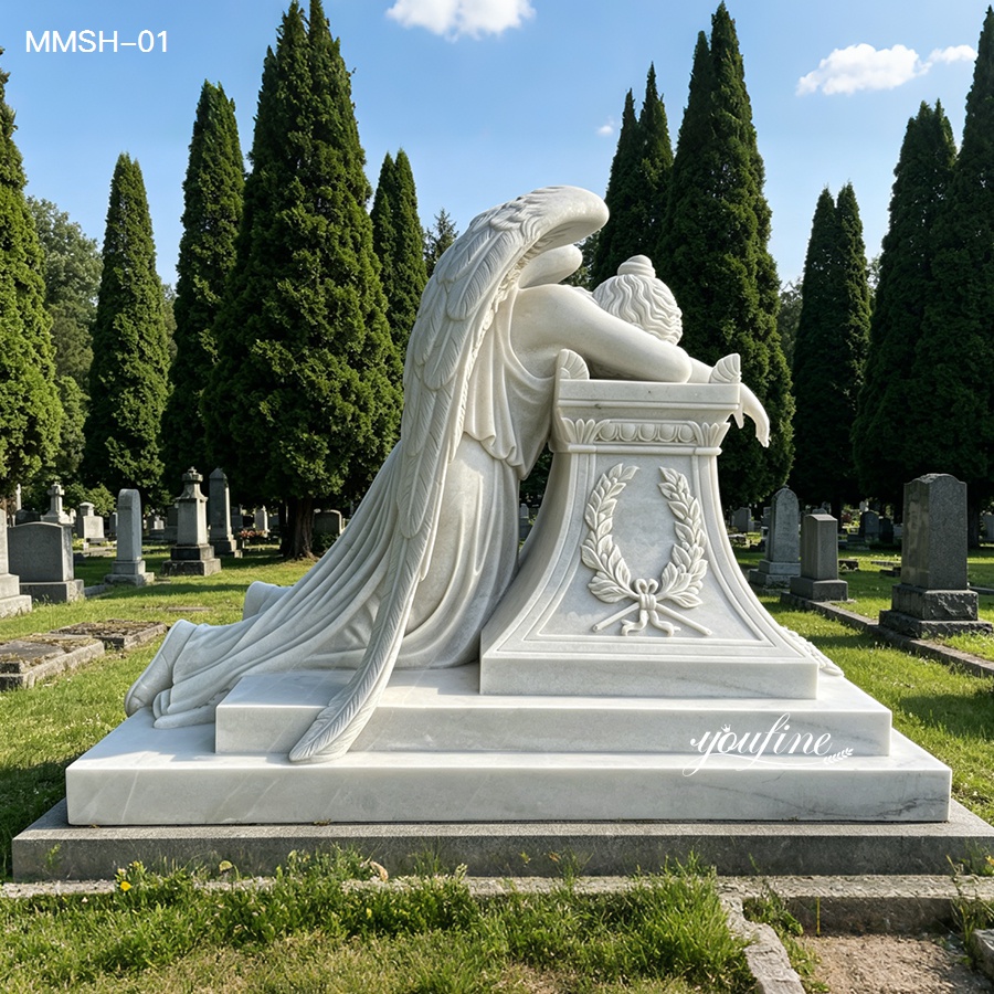 life size weeping angel tombstone with elegant draped clothing and clear feather carving