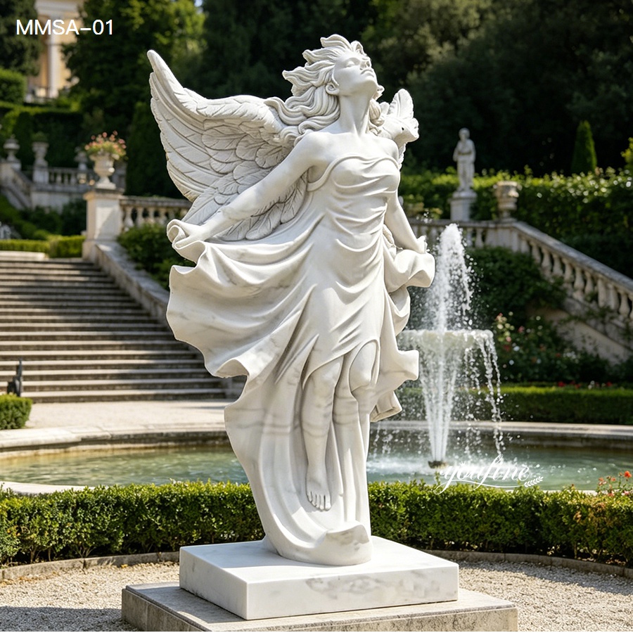 White marble angel statue positioned near a garden fountain, surrounded by manicured greenery