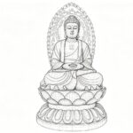 line art sketch of marble buddha statue, meditating pose, lotus base, decorative backlight, design draft