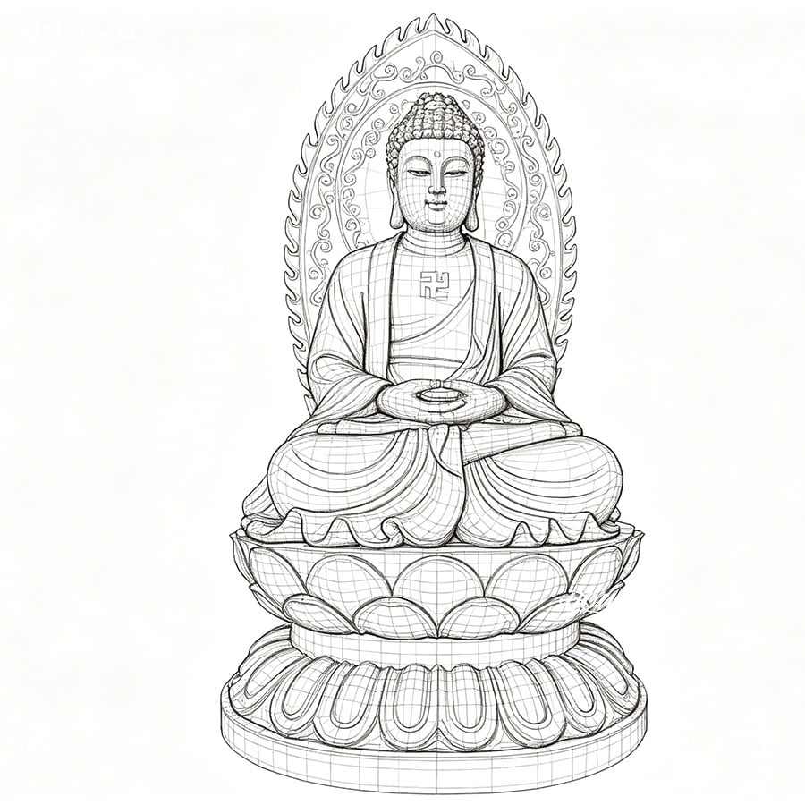 line art sketch of marble buddha statue, meditating pose, lotus base, decorative backlight, design draft