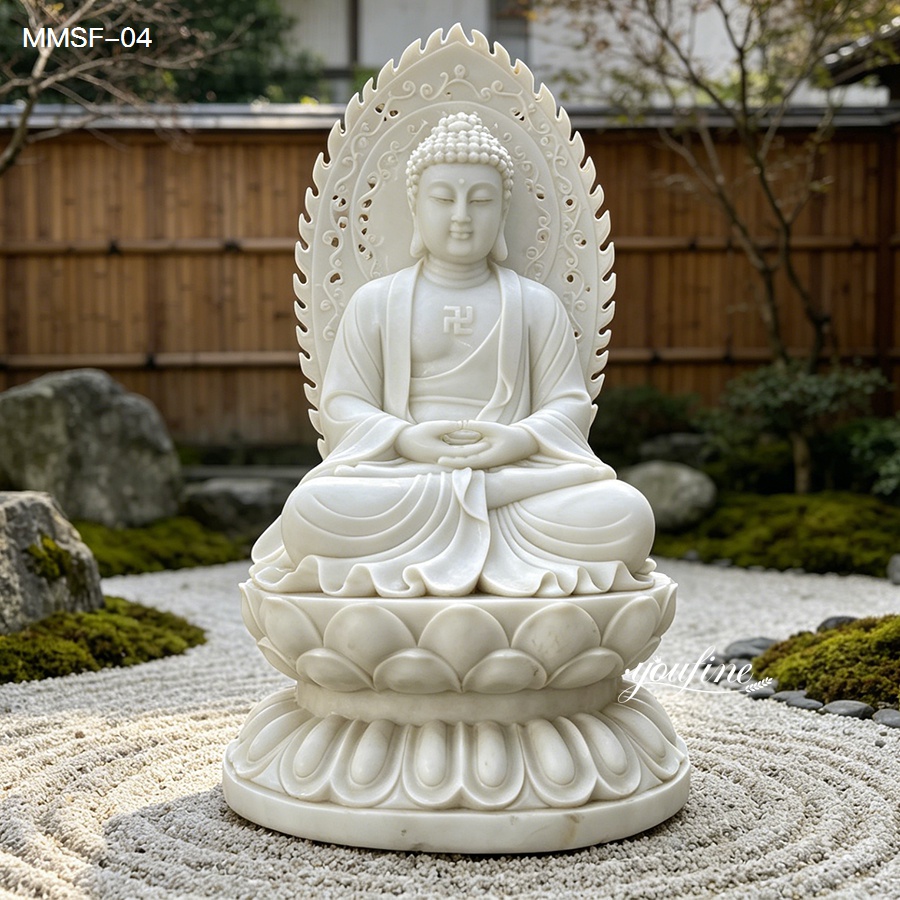 natural white marble buddha statue in dry zen garden, raked sand background, lotus base, detailed carving