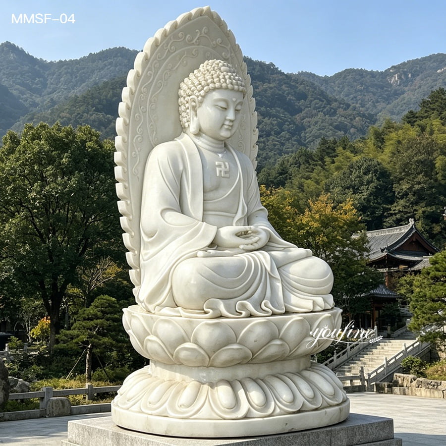 hand carved marble buddha statue on lotus base, traditional temple background, peaceful design