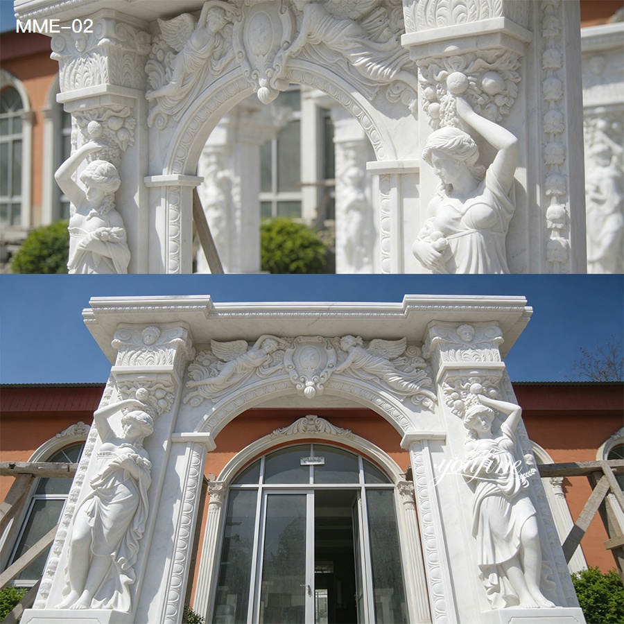 Close-up and partial views of Italian marble door frame, showing intricate floral and figure carvings