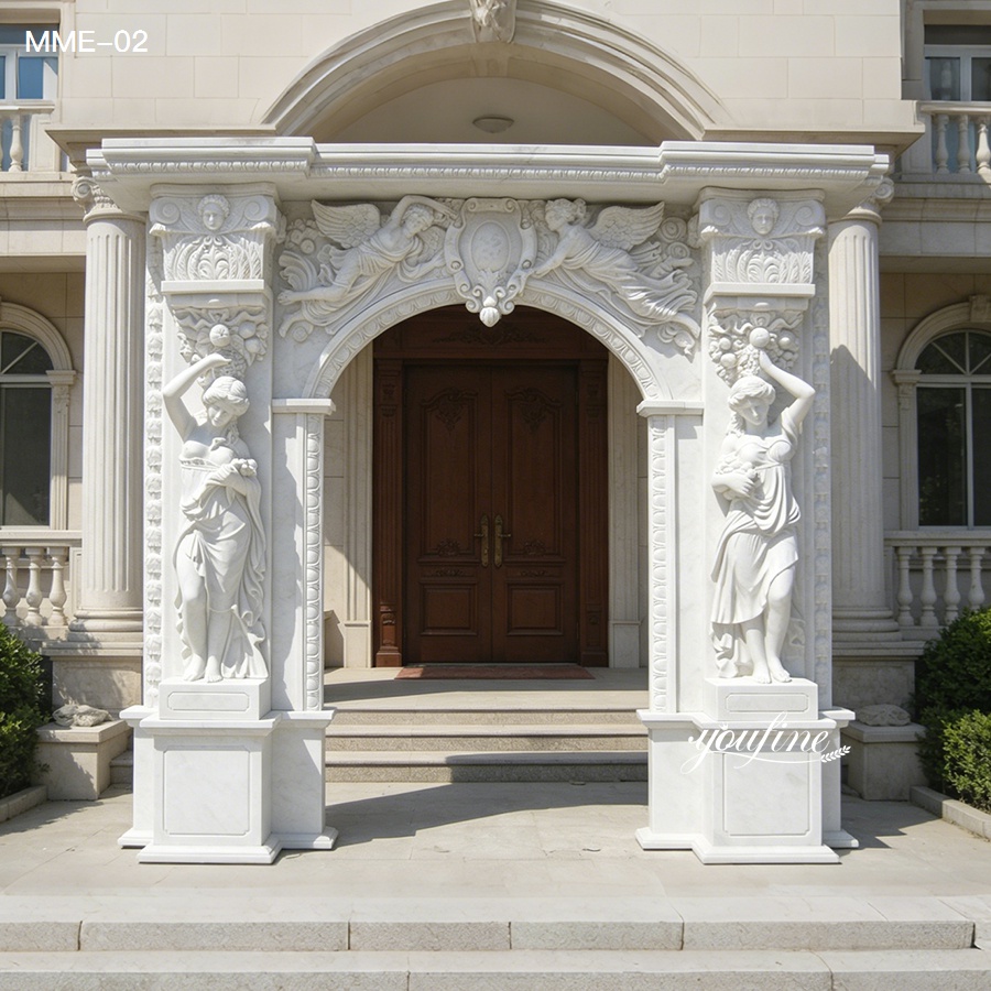 Custom Italian marble door frame with arched top, installed on a light-colored house facade