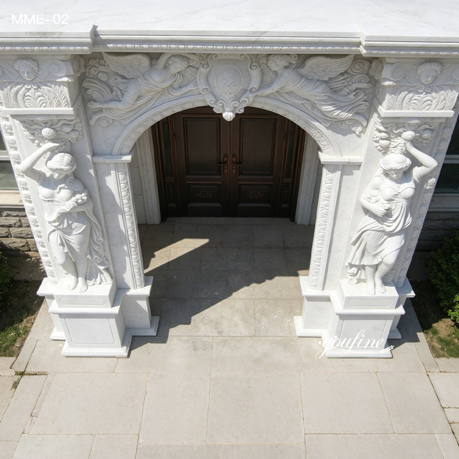 Hand-carved Italian marble door frame installed with dark brown wooden front door