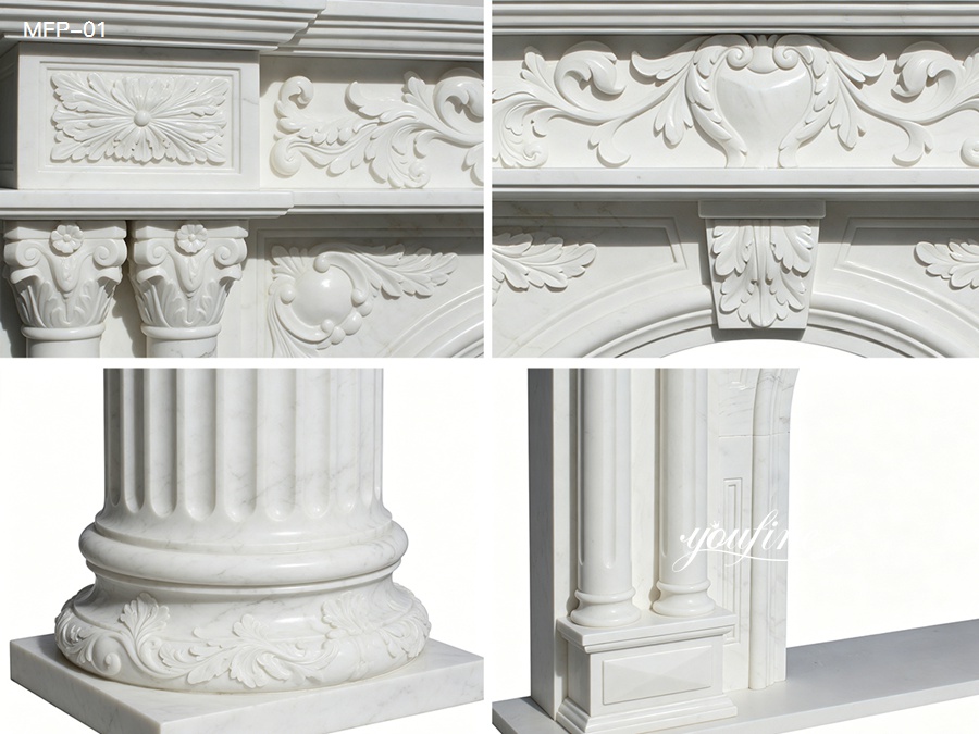 Close-up details of hand-carved marble fireplace surround columns and reliefs
