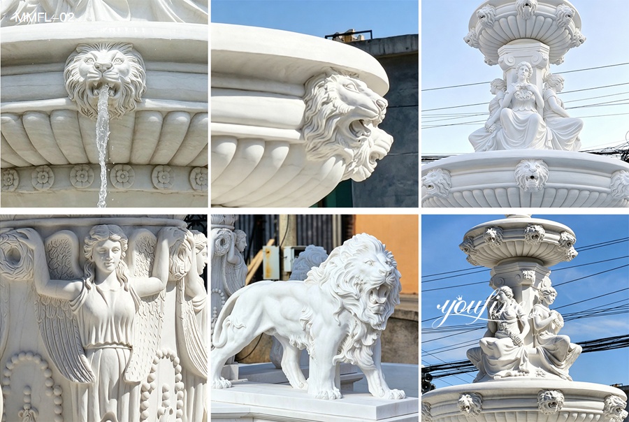 Collage of carving details on a marble lion water fountain outdoor, including figures and lion motifs.
