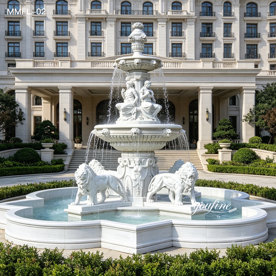 Front view of a large outdoor marble lion fountain installed in a luxury courtyard.