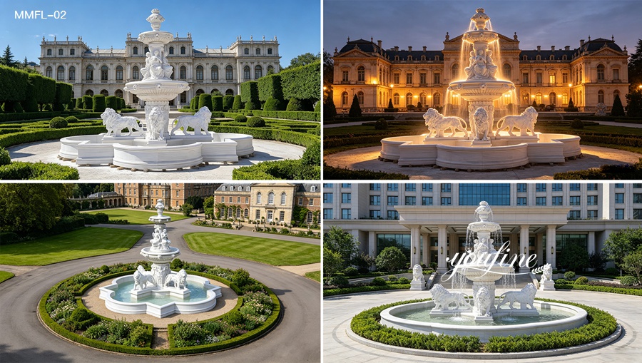 Marble lion water fountain outdoor shown in hotel, estate, and plaza landscape scenes.