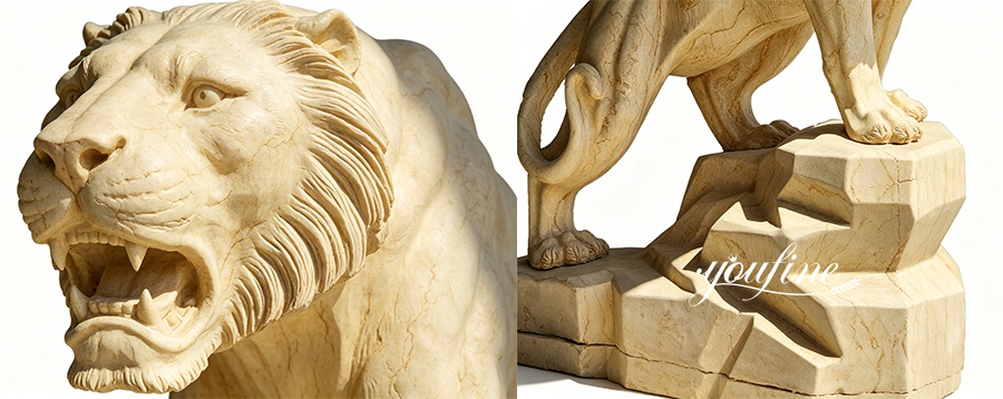 Close-up view of Egyptian beige marble tiger sculpture head and carved body parts