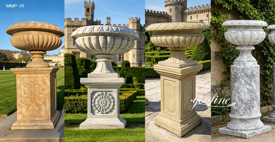 Set of beige, white, and grey marble planters with pedestals, arranged in a formal garden.