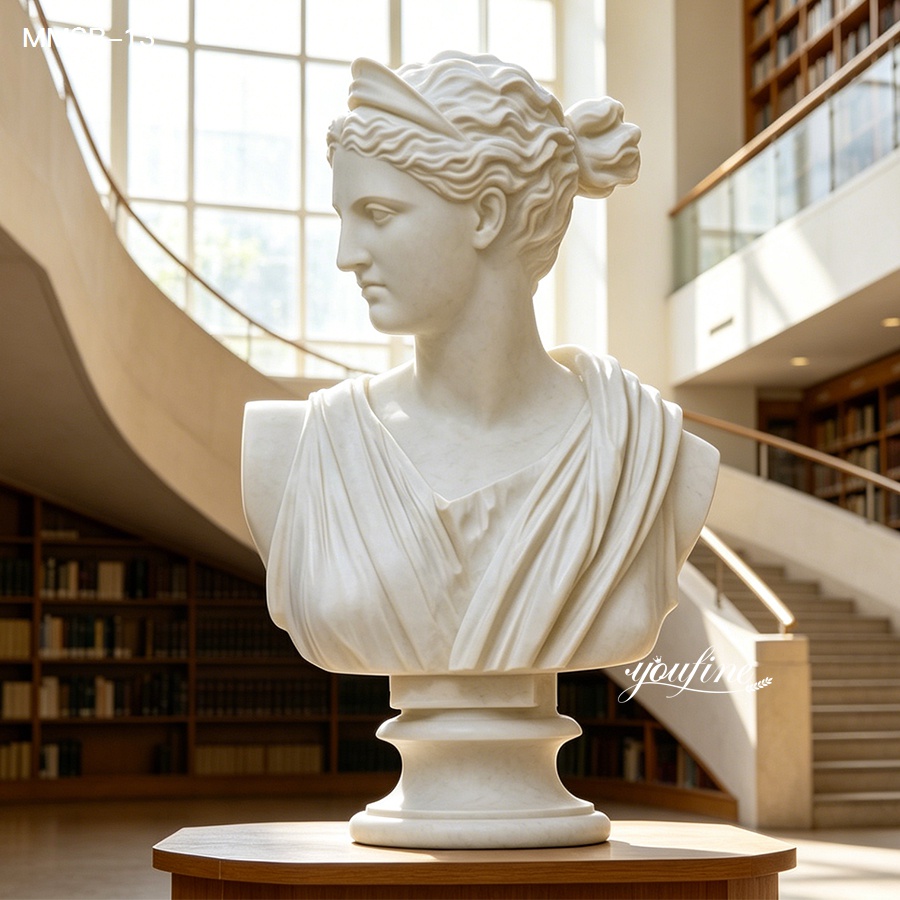 Diana the Huntress marble bust in bright modern library with large windows and staircase