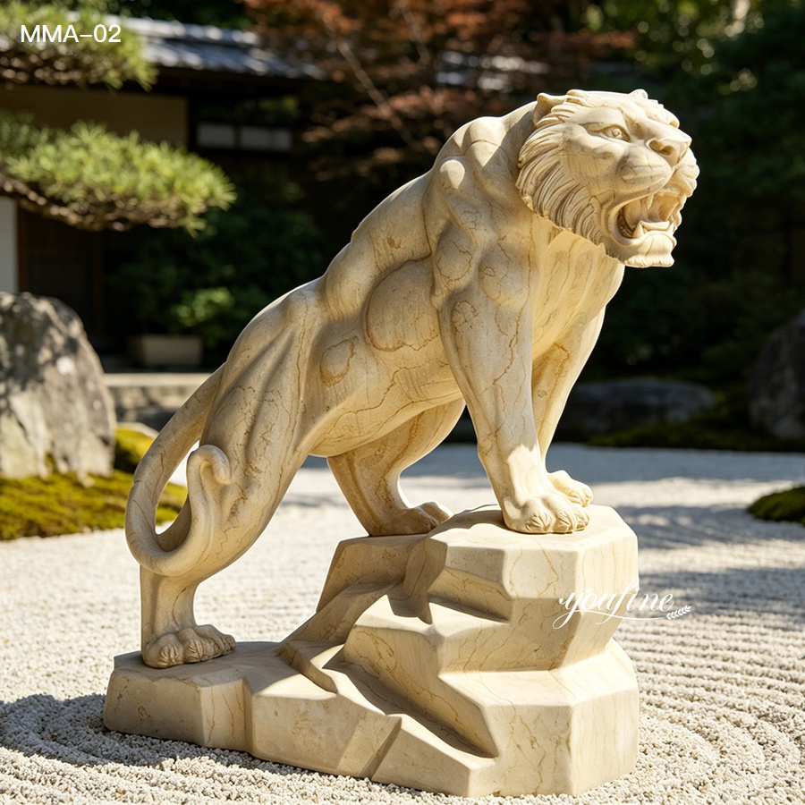 Hand-carved Egyptian beige marble tiger statue in traditional Japanese-style garden