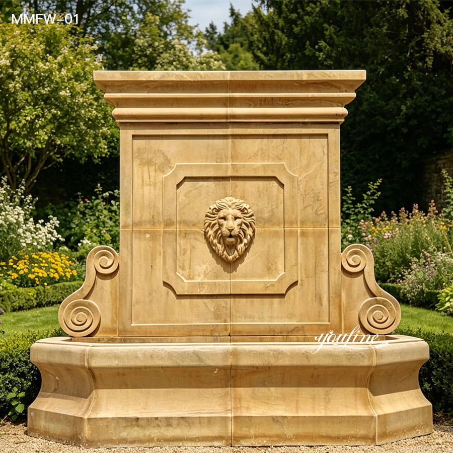 Handmade marble wall water fountain surrounded by lush green garden plants