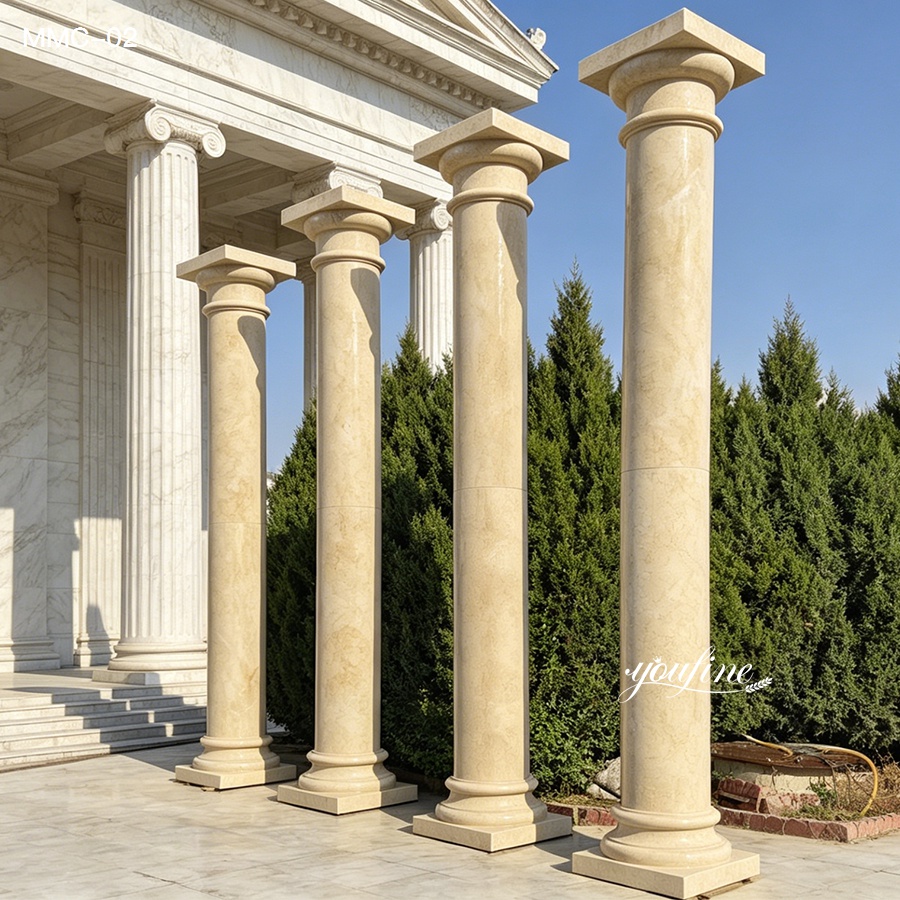 Natural stone marble pillars for sale, tapered columns in varying heights displayed outdoors for architectural decoration