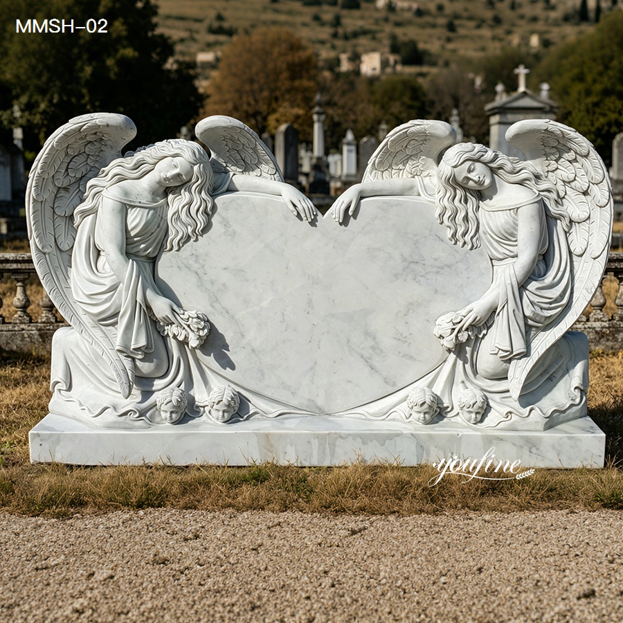 Durable natural white marble double angel headstone with heart shape