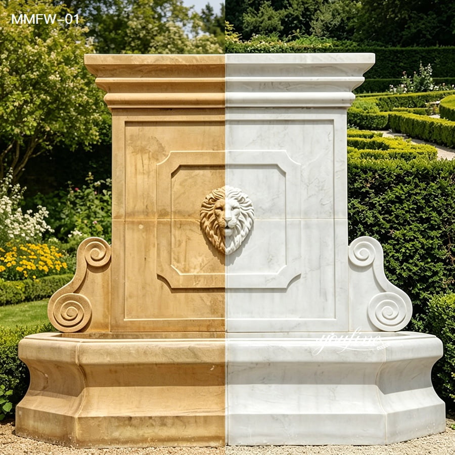 Side-by-side view of the hand-carved marble fountain in natural and weathered finishes