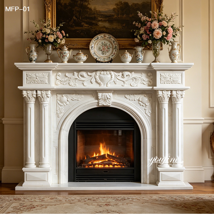 Luxurious white marble fireplace surround with scrollwork carvings
