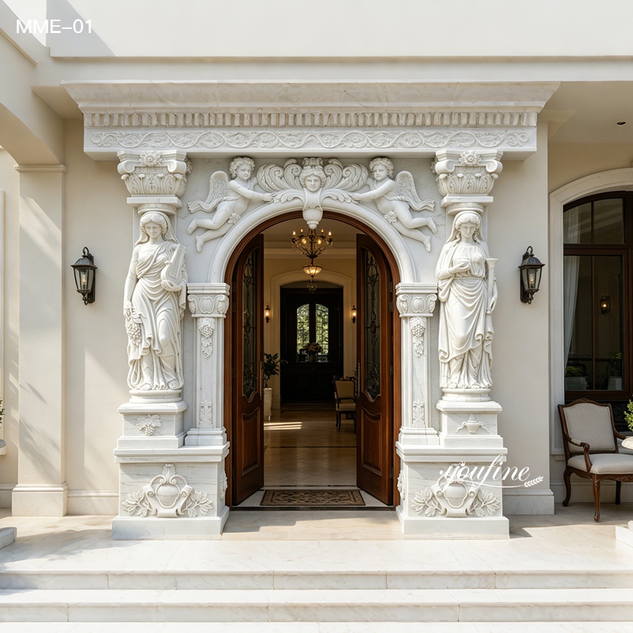 Classical white marble door surround with hand-carved lady statues and cherub details for luxury home