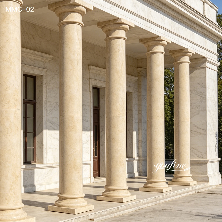 Polished beige marble pillars for sale, symmetrical tapered columns creating a balanced and elegant classical architectural facade