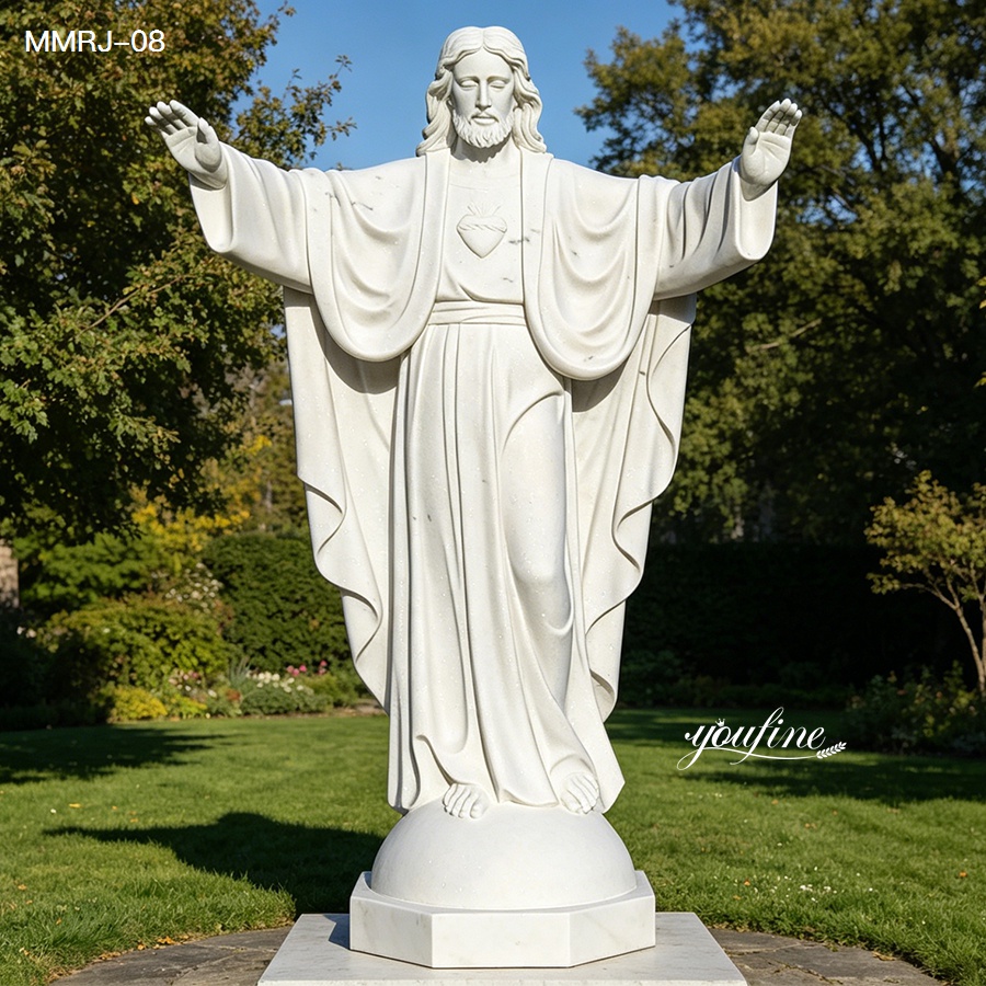 Natural white marble Jesus Christ statue with open arms, Sacred Heart, garden sculpture