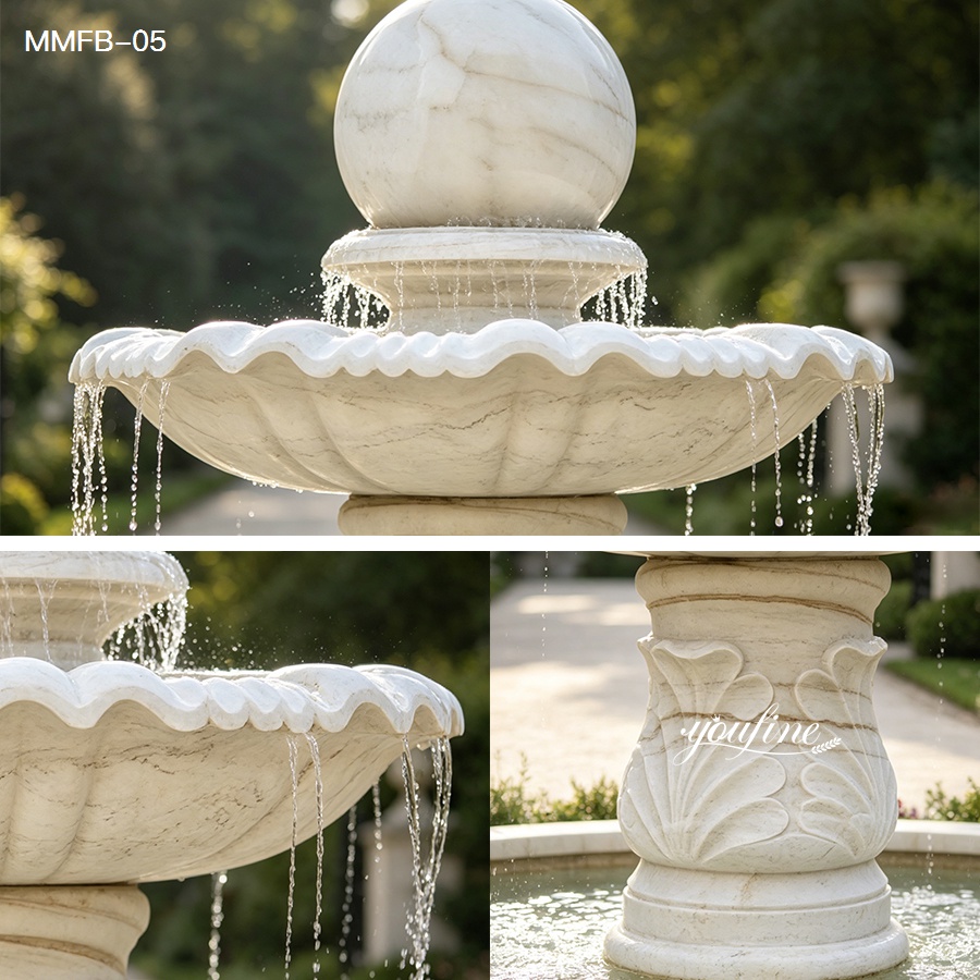 Detail collage of a rolling marble ball fountain, highlighting marble texture, wave-edge basin, and European-style carved pedestal.